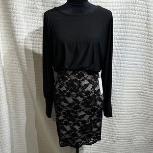 VENUS Black Long Sleeve Lace Bottom Midi Dress Size Small NWT